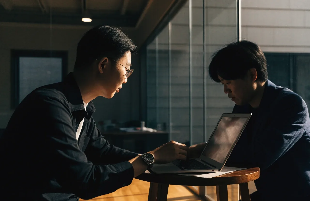 새로 합류한 동료의 자리 옆에서 화면을 함께 보며 설정을 안내하는 장면