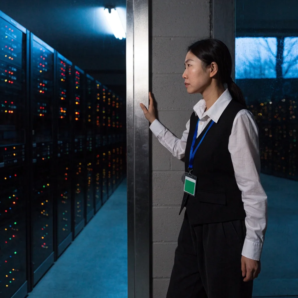 야간 사무실 책상 위 키보드에 올려진 손과 금속 상판의 가장자리